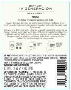 Bianchi IV Generación Gran Corte – Back Label – Non-Vintage