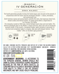 Bianchi IV Generación Gran Malbec – Back Label – Non-Vintage