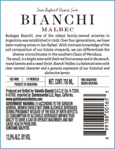 Oasis Sur Malbec – Back Label – Non-Vintage