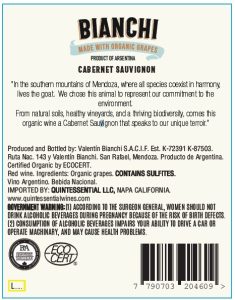 Bianchi Cabernet Sauvignon, Made with Organic Grapes – Back Label – Non-Vintage