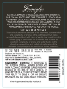 Famiglia Bianchi Chardonnay – Back Label – Non-Vintage