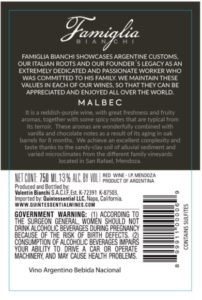 Famiglia Bianchi Malbec – Back Label – 2020 Vintage & Before