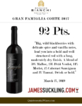 2017 Gran Famiglia Bianchi Corte – 92 points, James Suckling – Accolade Sheet