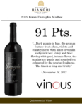 2019 Gran Famiglia Bianchi Malbec – 91 points, Vinous – Accolade Sell Sheet
