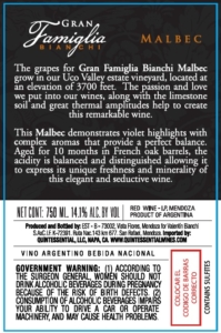 Gran Famiglia Bianchi Malbec – Back Label – Non-Vintage