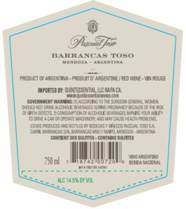 Pascual Toso Barrancas – Back Label – Non-Vintage