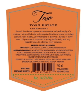 Pascual Toso Estate Chardonnay – Back Label – Non-Vintage