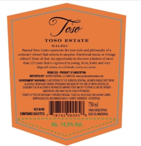 Pascual Toso Estate Malbec – Back Label – 2022 Vintage & Before