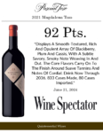 2021 Pascual Toso Ultra Premium Magdalena – 92 points, Wine Spectator – Accolade Sell Sheet