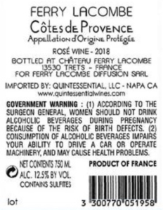 Château Ferry Lacombe Evidence Rosé – Back Label – Non-Vintage