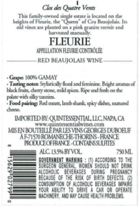 Georges Duboeuf Clos des Quatre Vents Fleurie – Back Label – Non-Vintage
