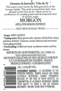 Georges Duboeuf Domaine de Javerniére “Cote du Py” Morgon – Back Label – Non-Vintage