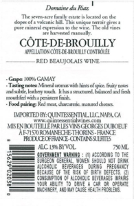Georges Duboeuf Domaine du Riaz Cote de Brouilly – Back Label – Non-Vintage