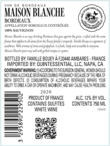 Famille Bouey Maison Blanche Bordeaux Blanc – Back Label – Non-Vintage