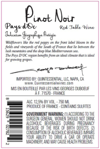 Georges Duboeuf IGP Pays d’Oc Pinot Noir – Back Label – Non-Vintage