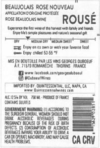 Georges Duboeuf Rousé Beaujolais Rosé Nouveau – Back Label – Non-Vintage