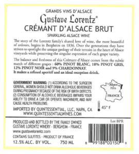 Gustave Lorentz Crémant d’Alsace Brut – Back Label – Non-Vintage