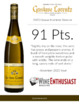 2020 Gustave Lorentz Gewurztraminer Reserve – 91 points, Wine Enthusiast – Accolade Sell Sheet