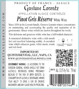 Gustave Lorentz Pinot Gris Reserve – Back Label – Non-Vintage