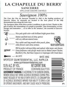 La Chapelle Du Berry Cuvée Prestige Sancerre – Back Label – Non-Vintage