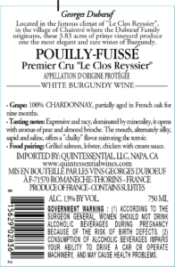 Georges Duboeuf Le Clos Reyssier Pouilly-Fuissé Premier Cru – Back Label – Non-Vintage