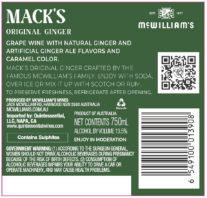 Mack’s Original Ginger Beer – Back Label – Non-Vintage