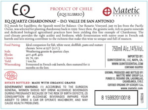 Matetic Vineyards EQ ‘Quartz’ Chardonnay – Back Label – Non-Vintage