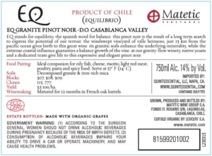 Matetic Vineyards EQ ‘Granite’ Pinot Noir – Back Label – Non-Vintage