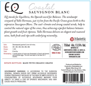 Matetic Vineyards EQ ‘Coastal’ Sauvignon Blanc – Back Label – Non-Vintage
