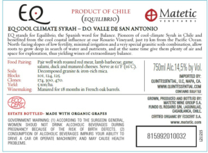 Matetic Vineyards EQ ‘Cool Climate’ Syrah – Back Label – Non-Vintage
