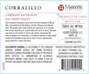 Matetic Vineyards Corralillo Cabernet Sauvignon – Back Label – Non-Vintage