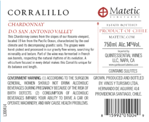 Matetic Vineyards Corralillo Chardonnay – Back Label – Non-Vintage