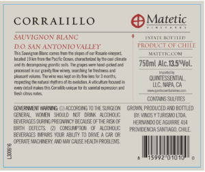 Matetic Vineyards Corralillo Sauvignon Blanc – Back Label – Non-Vintage