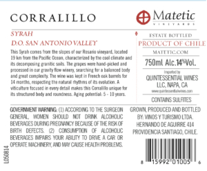 Matetic Vineyards Corralillo Syrah – Back Label – Non-Vintage