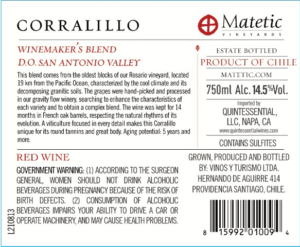 Matetic Vineyards Corralillo Winemaker’s Blend – Back Label – Non-Vintage