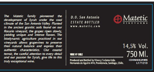 Matetic Syrah – Back Label – Non-Vintage