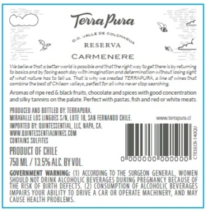 TerraPura Reserva Carménère – Back Label – Non-Vintage