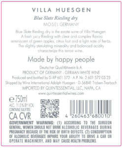 Villa Huesgen Blue Slate Riesling – Back Label – Non-Vintage
