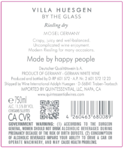 Villa Huesgen By The Glass Riesling – Back Label – Non-Vintage