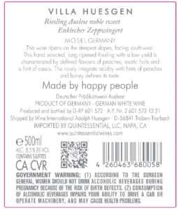 Villa Huesgen Noble Sweet Riesling Auslese Enkircher Zeppwingerz – Back Label – Non-Vintage