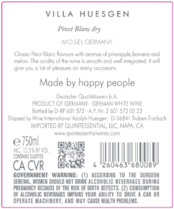 Villa Huesgen Pinot Blanc – Back Label – Non-Vintage