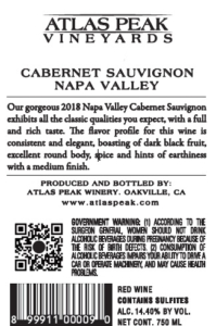 Atlas Peak Napa Valley Cabernet Sauvignon – Back Label – Non-Vintage