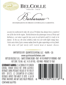 Bel Colle Barbaresco DOCG – Back Label – Non-Vintage