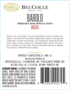 Bel Colle Barolo Bussia – Back Label – Non-Vintage