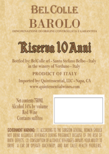 Bel Colle Barolo DOCG Riserva – Back Label – Non-Vintage
