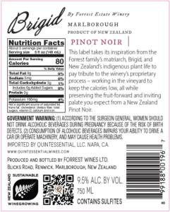 Brigid Pinot Noir – Back Label – Non-Vintage