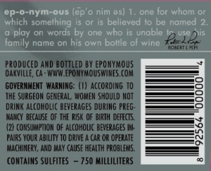 Eponymous Cabernet Sauvignon – Back Label – Non-Vintage