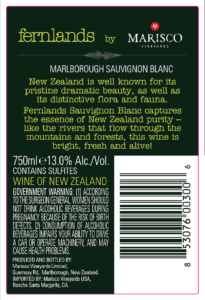 Fernlands Sauvignon Blanc – Back Label – Non-Vintage