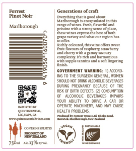 Forrest Pinot Noir – Back Label – Non-Vintage