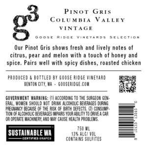 G3 Pinot Gris – Back Label – Non-Vintage